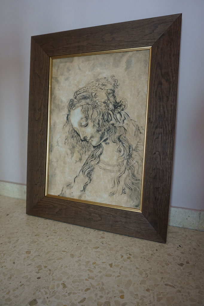 Grabado sobre madera del estudio de cabeza de mujer de Da Vinci realizado por la Artista Plástica Inma Peña en 2006