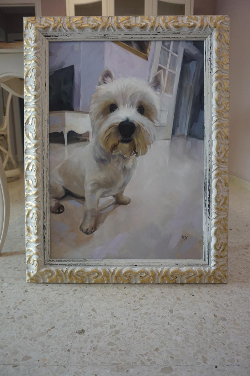 Retrato al óleo del perro de la artista, realizado por Inma Peña en 2017 (detalle)