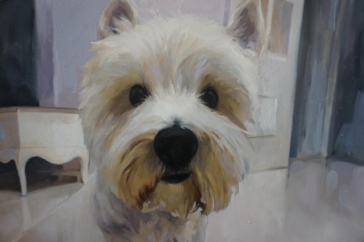 Retrato al óleo del perro de la artista, realizado por Inma Peña en 2017 (detalle)