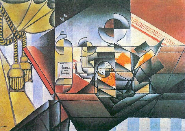 El Reloj, Juan Gris. 1912, Óleo y collage sobre lienzo, 65×92 cm. Cubismo Sintético. París, Colección privada.