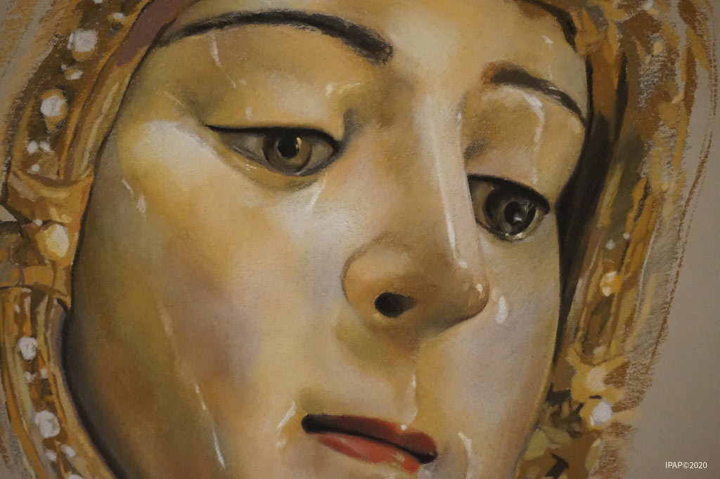 Nuestra Señora del Rocío. Realizada por Inmaculada Peña Ruiz. 2020. Pastel, 29,7 x 42 cm. Colección particular, Jerez.