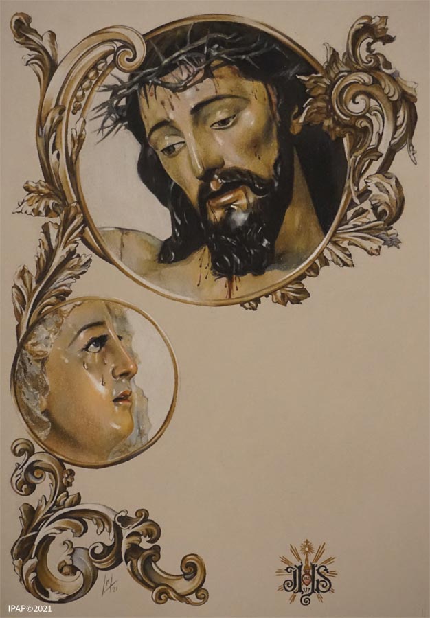 Diseño Ornamental Papeleta de Sitio. Inmaculada Peña Ruiz. 2021, Pastel sobre papel, 42 x 29,7 cm. Sevilla, España. Hermandad Sacramental de las Siete Palabras.