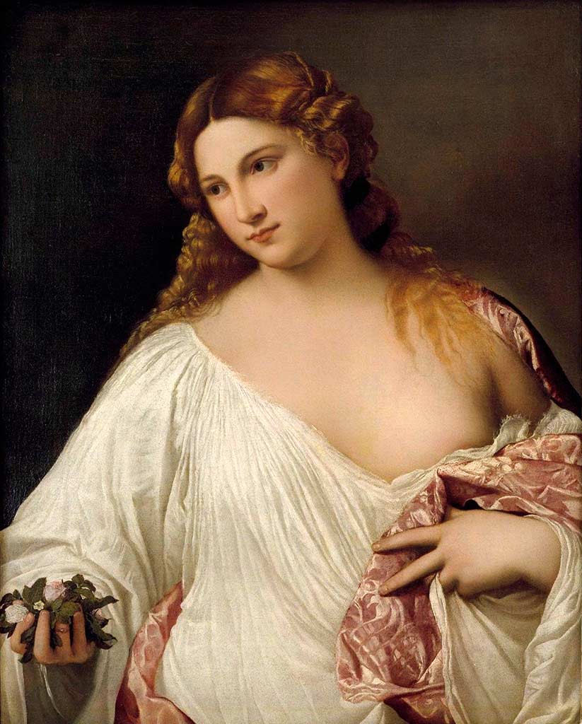 Flora. Tiziano Vecellio di Gregorio. Hacia 1515, Óleo sobre lienzo 79,5x63,5 cm. Florencia, Galería de Uffizi.