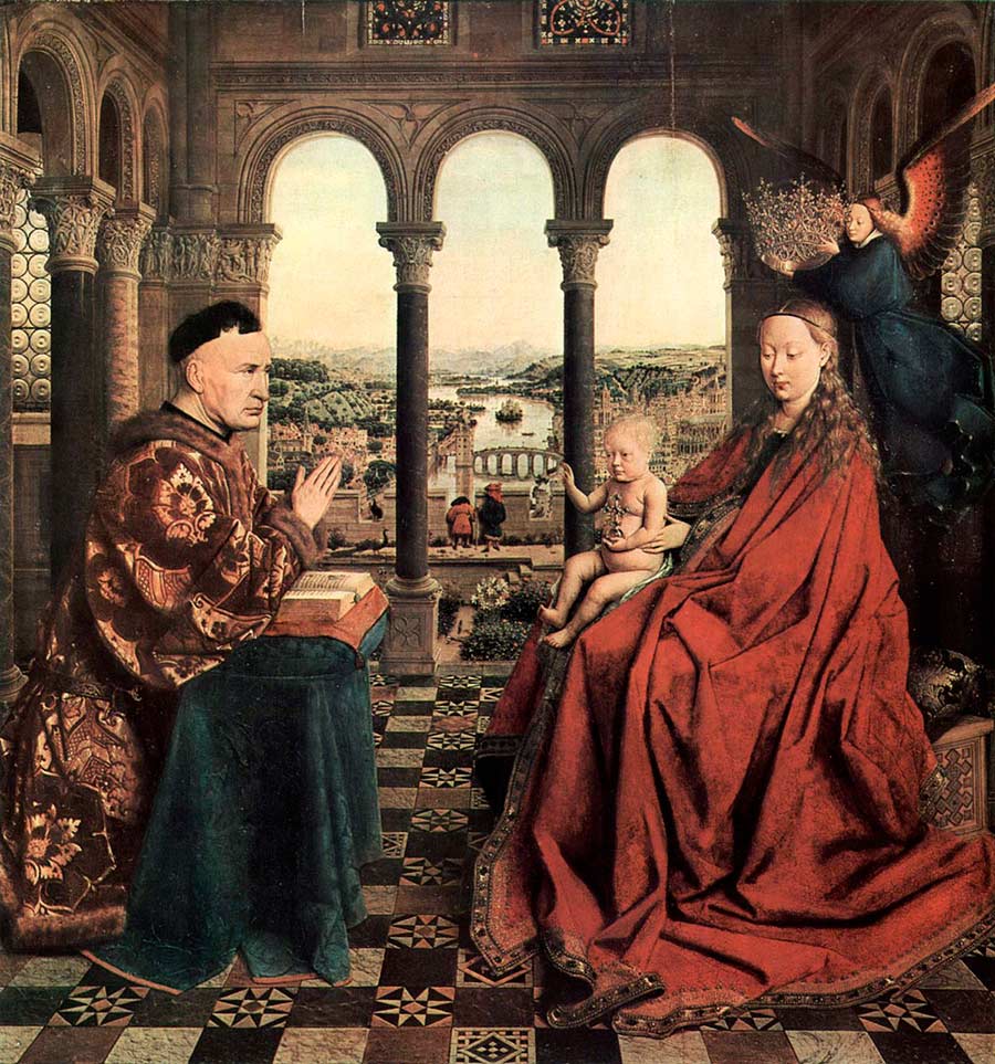 La Virgen del Canciller Rolin, Jan Van Eyck. 1434–1435?, Óleo sobre tabla 60x62 cm. París, Museo del Louvre, Francia.