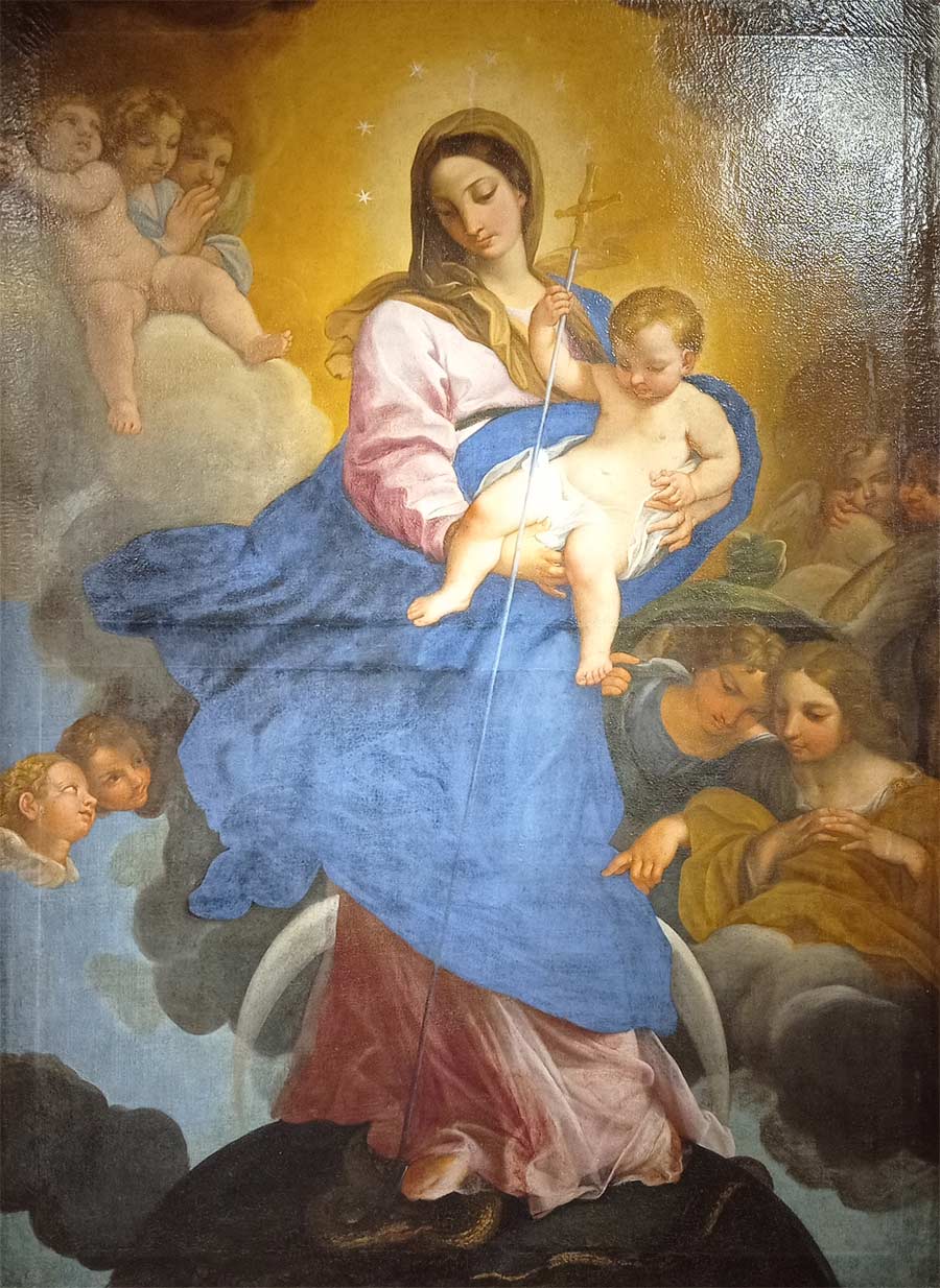 Inmaculada Concepción, Giovanni Odazzi (Atribuido). Primera mitad del siglo XVIII. Pintura al Óleo sobre lienzo. Museo de Arte Religioso de Tavira. Iglesia de Santa María del Castillo. Tavira, Portugal.