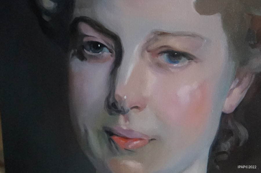 Versión de retrato femenino de John Singer Sargent (detalle). Realizado por Inmaculada Peña Ruiz en 2022. Óleo sobre lienzo, 35 x 35 cm. Colección privada.