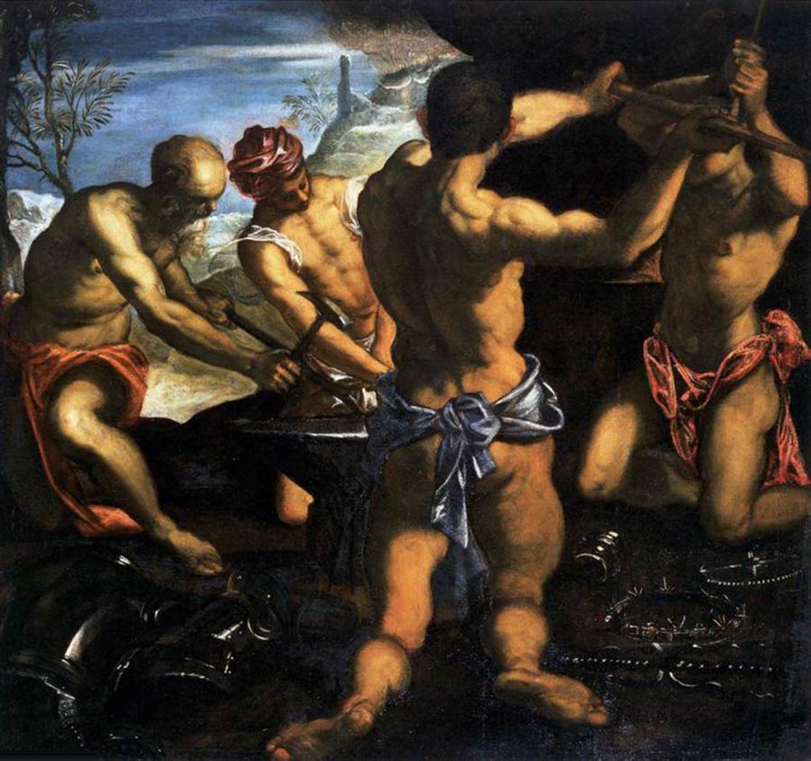 La fragua de Vulcano, Jacopo Robusti Tintoretto. 1577–1578, Óleo sobre lienzo 146x155 cm. Palacio Ducal (Sala del Antecolegio), Venecia, Italia.