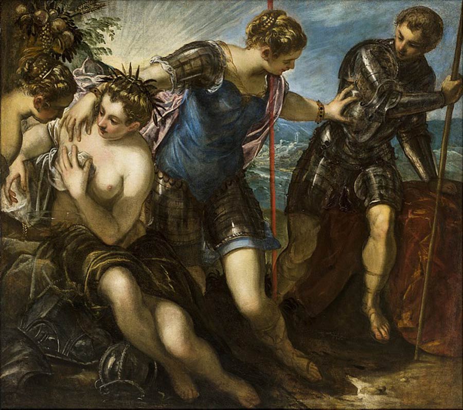 La Paz, la Concordia y Minerva alejando a Marte, Jacopo Robusti Tintoretto. 1577–1578, Óleo sobre lienzo 148x168 cm. Palacio Ducal (Sala del Antecolegio), Venecia, Italia.