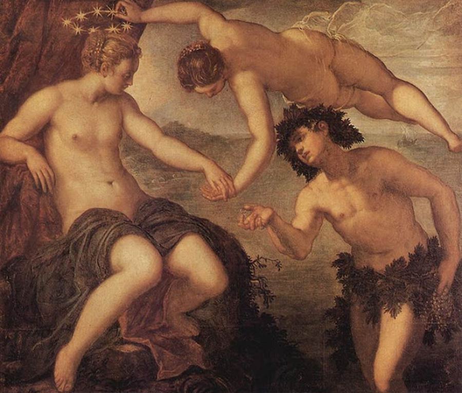 Las bodas de Baco y Ariadna en presencia de Venus, Jacopo Robusti Tintoretto. 1577–1578, Óleo sobre lienzo 146x167 cm. Palacio Ducal (Sala del Antecolegio), Venecia, Italia.