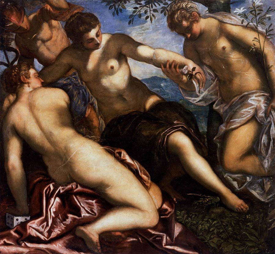 Las tres Gracias y Mercurio, Jacopo Robusti Tintoretto. 1577–1578, Óleo sobre lienzo 146x155 cm. Palacio Ducal (Sala del Antecolegio), Venecia, Italia.