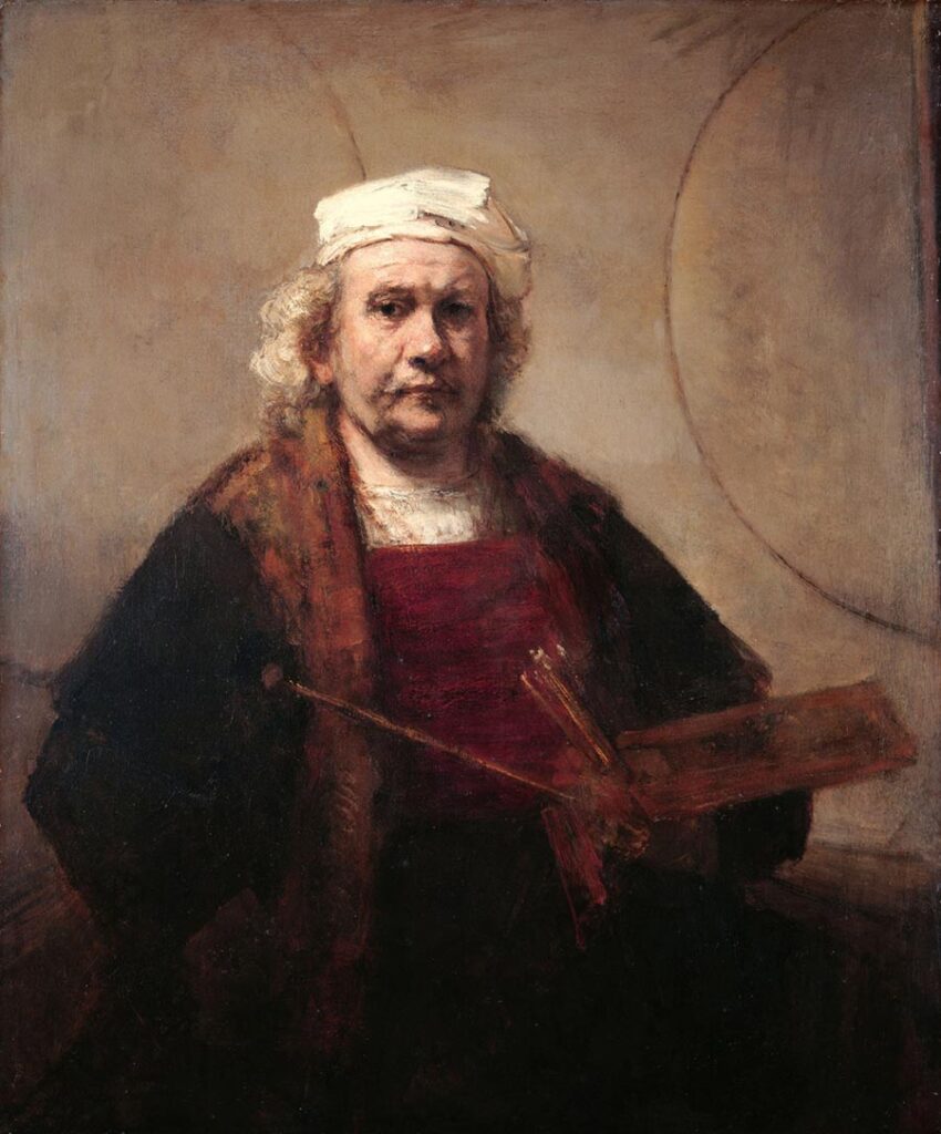 Autorretrato con paleta y pinceles. Rembrandt Harmenszoon van Rijn. Hacia 1665, Óleo sobre lienzo 114,3x94 cm. Londres, Kenwook House